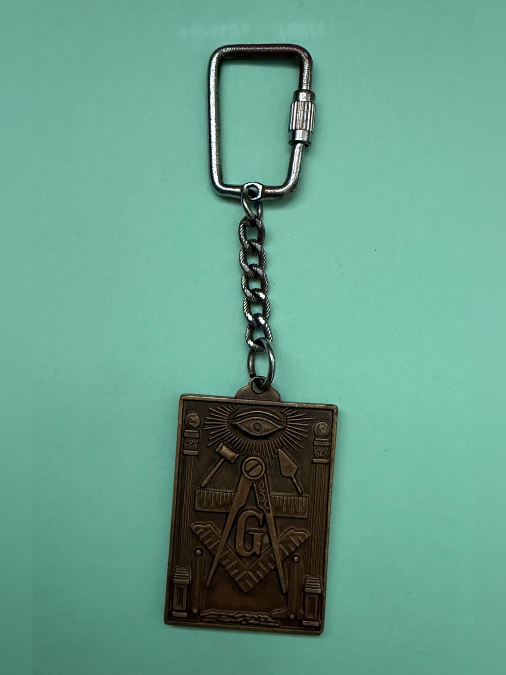 Vintage Freemason Masonic Keychain Square & Compass All Seeing Eye Brass Tone